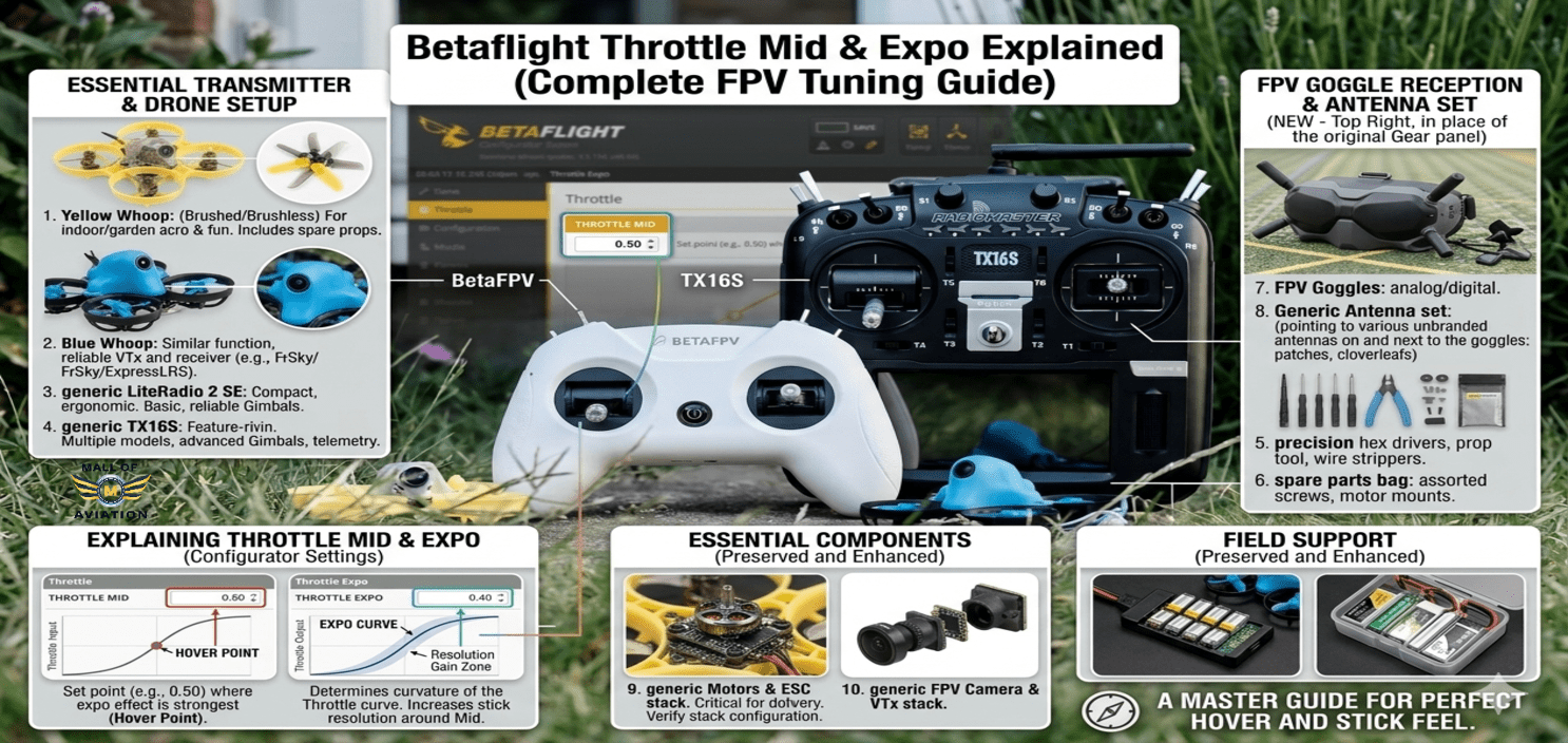 Betaflight throttle mid and expo settings graph showing FPV drone throttle curve adjustment for smoother flight control