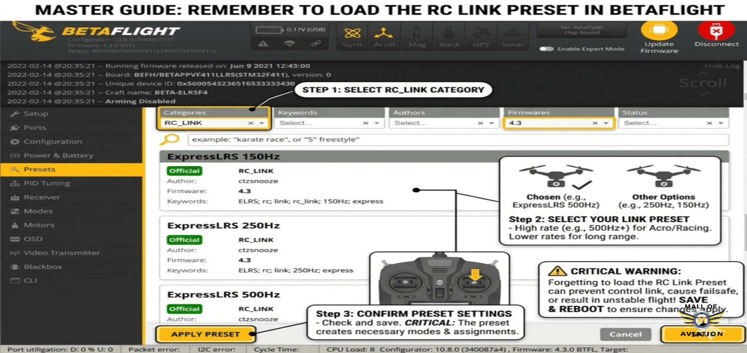 A close-up screenshot of the Betaflight Configurator Presets tab, highlighting the selection menu for Radio Control Link Presets such as ExpressLRS, TBS Crossfire, and FrSky.