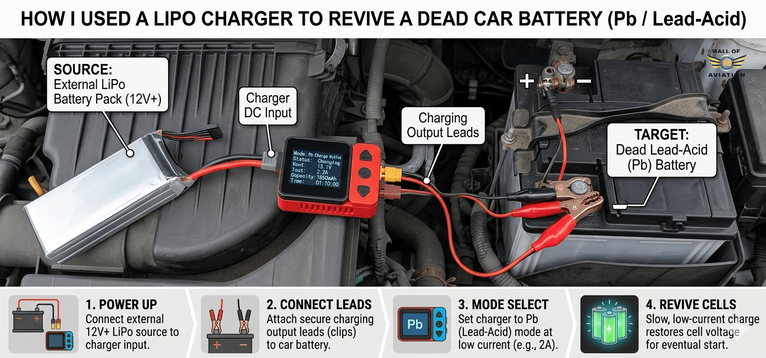 A high-quality top-down view of a professional LiPo balance charger connected to a 12V lead-acid car battery using XT60 to alligator clip adapters, showing the charger screen's voltage readings.