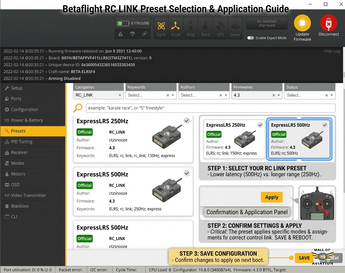 How to apply rc link preset in betaflight configuration showing preset tab with ExpressLRS options
