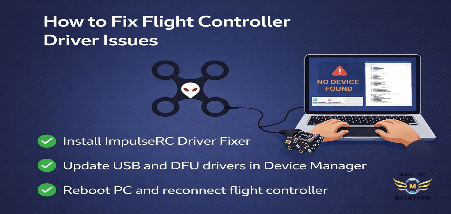 A high-resolution close-up of a drone flight controller connected to a laptop via USB cable, displaying a Betaflight Configurator screen with a 'failed to open serial port' error message.