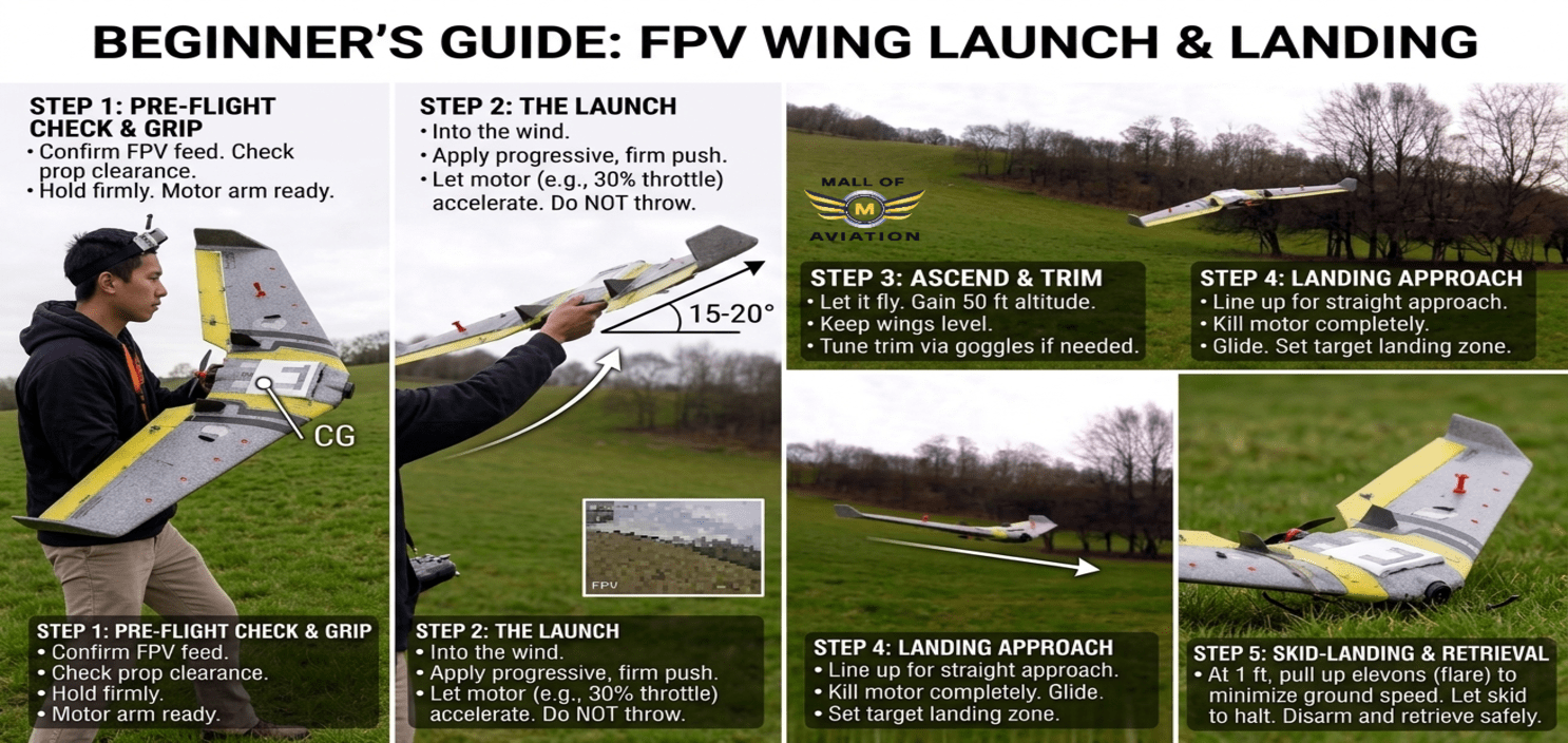 A pilot performing a side-arm launch of a motorized FPV fixed-wing drone in an open field, with a close-up on the proper hand grip and the wing’s aerodynamic stabilizers.