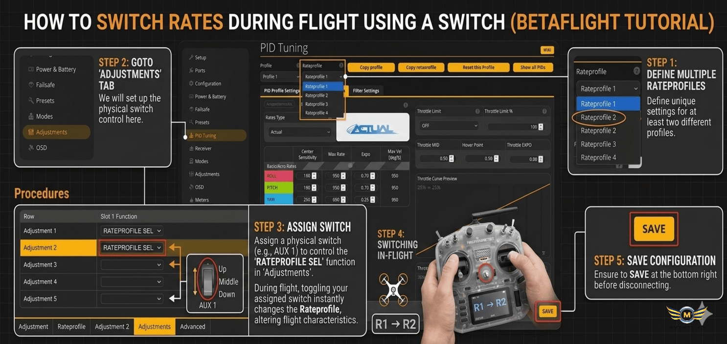 Pilot switching flight control rates using a transmitter switch during mid-air drone flight