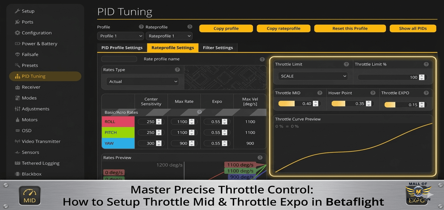 how to setup throttle mid throttle expo in betaflight