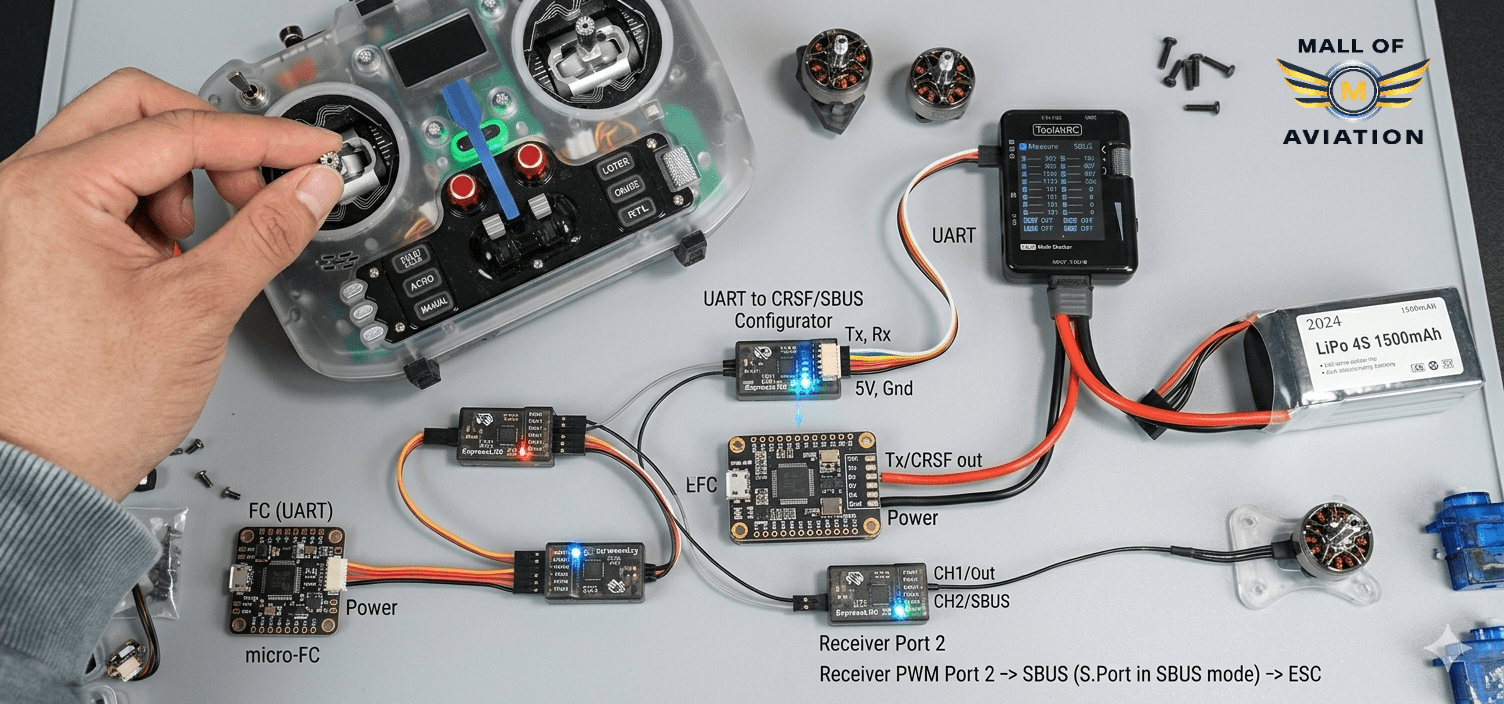 A close-up technical diagram of an ExpressLRS PWM receiver showing the wiring pins labeled for CRSF (TX/RX) and SBUS output connections to a flight controller.